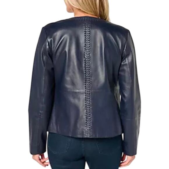 QVC Susan Graver Genuine Leather Jacket w/ Braided Trim NWOT NAVY SIZE 12 - Picture 2 of 9